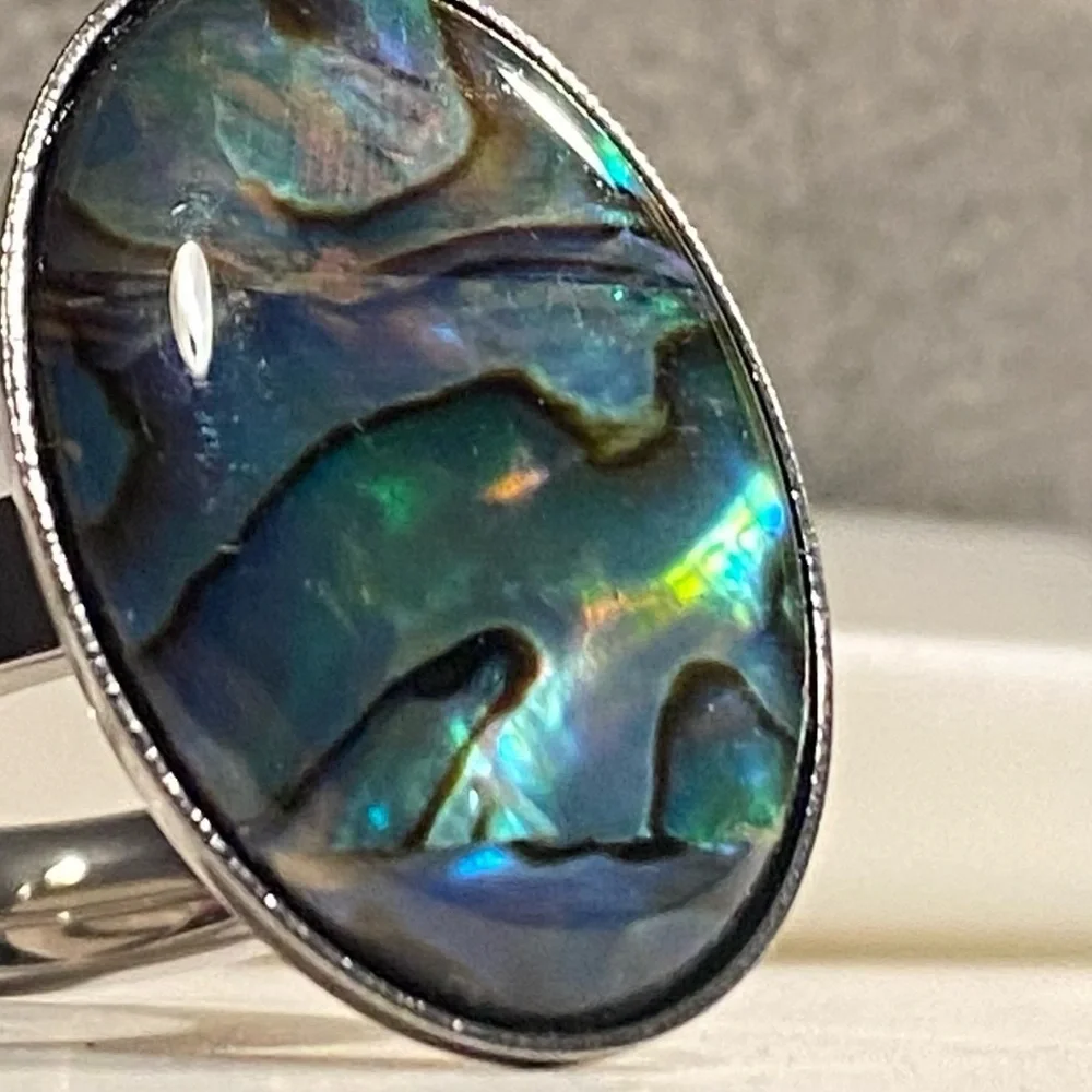 NEW Oversized Abalone Statement Ring Silver Boho Iridescent Shell Jewelry GIFT